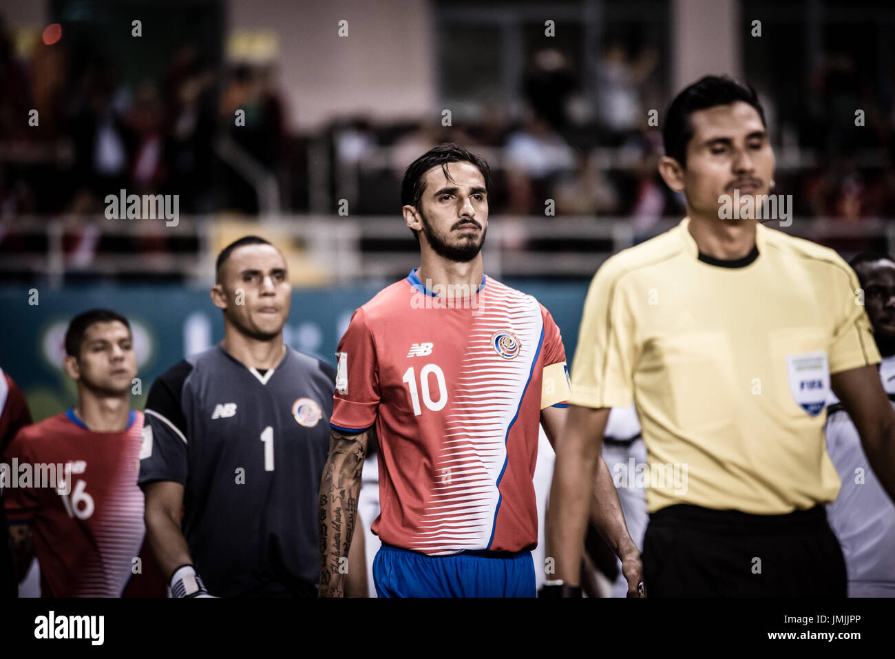 SAN JOSE, COSTA RICA. JUNE 13, 2017 - Bryan Ruiz, Keylor Navas and Cristian Gamboa. entering the pitch before the game. Costa Rica won 2-1 over Trinid Stock Photo