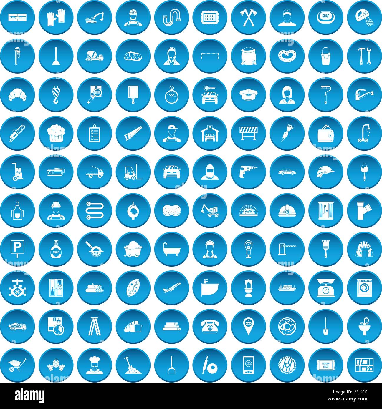 100 working professions icons set blue Stock Vector
