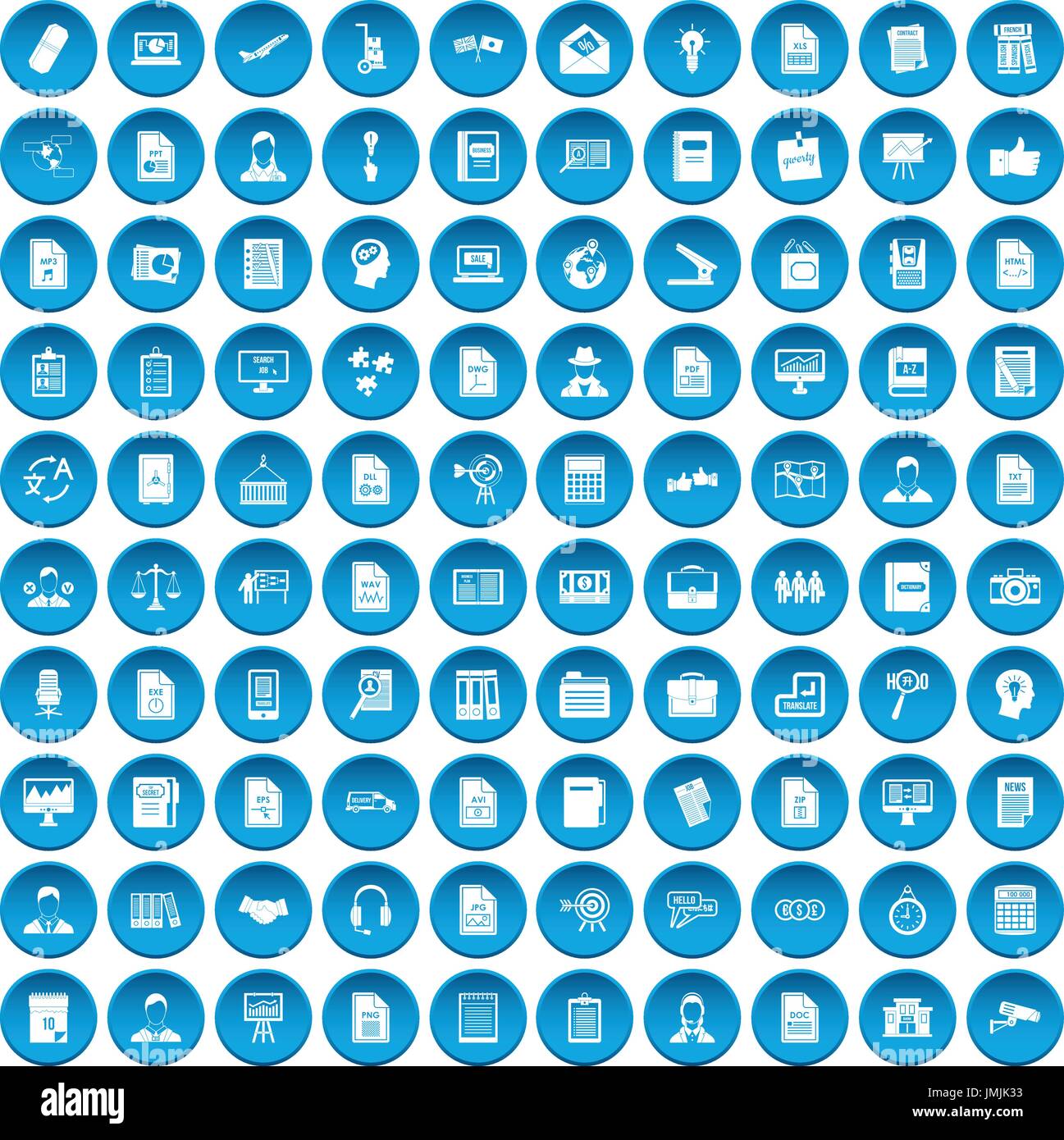 100 work paper icons set blue Stock Vector