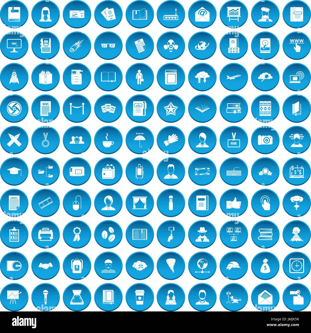100 writer icons set blue Stock Vector