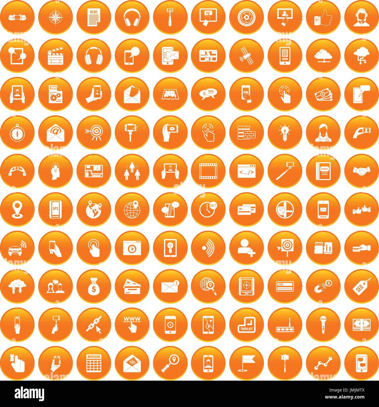 100 mobile icons set orange Stock Vector