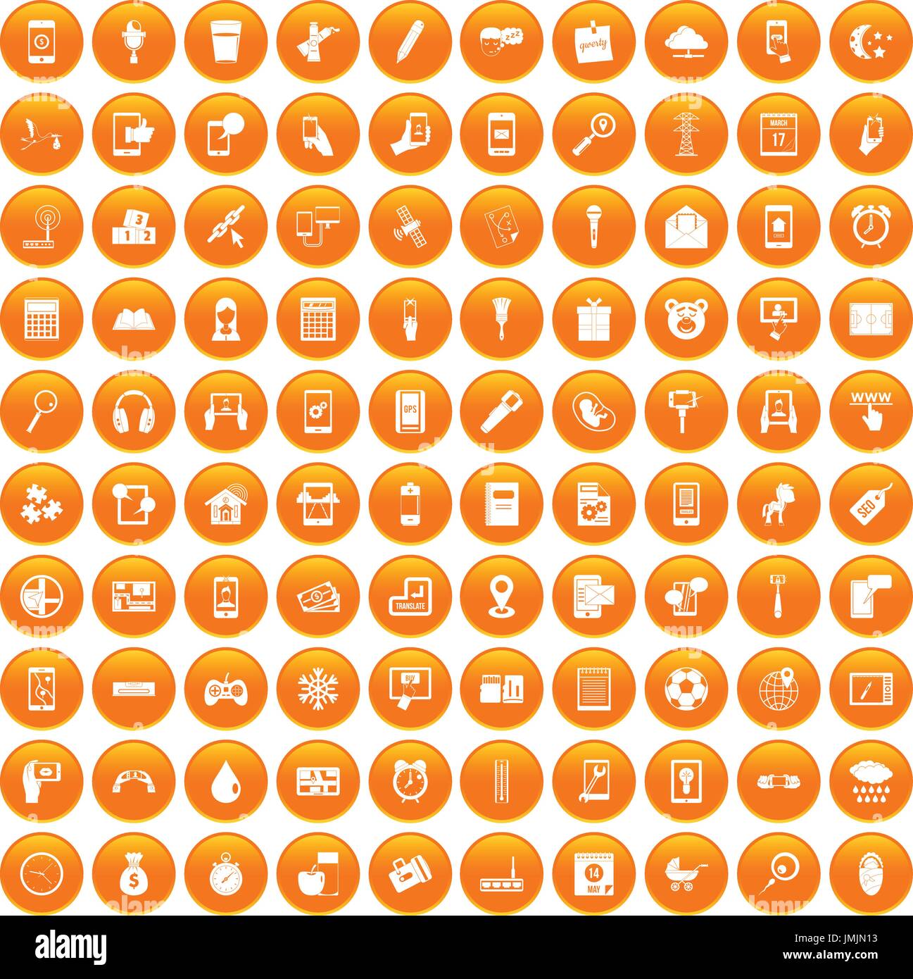 100 mobile app icons set orange Stock Vector