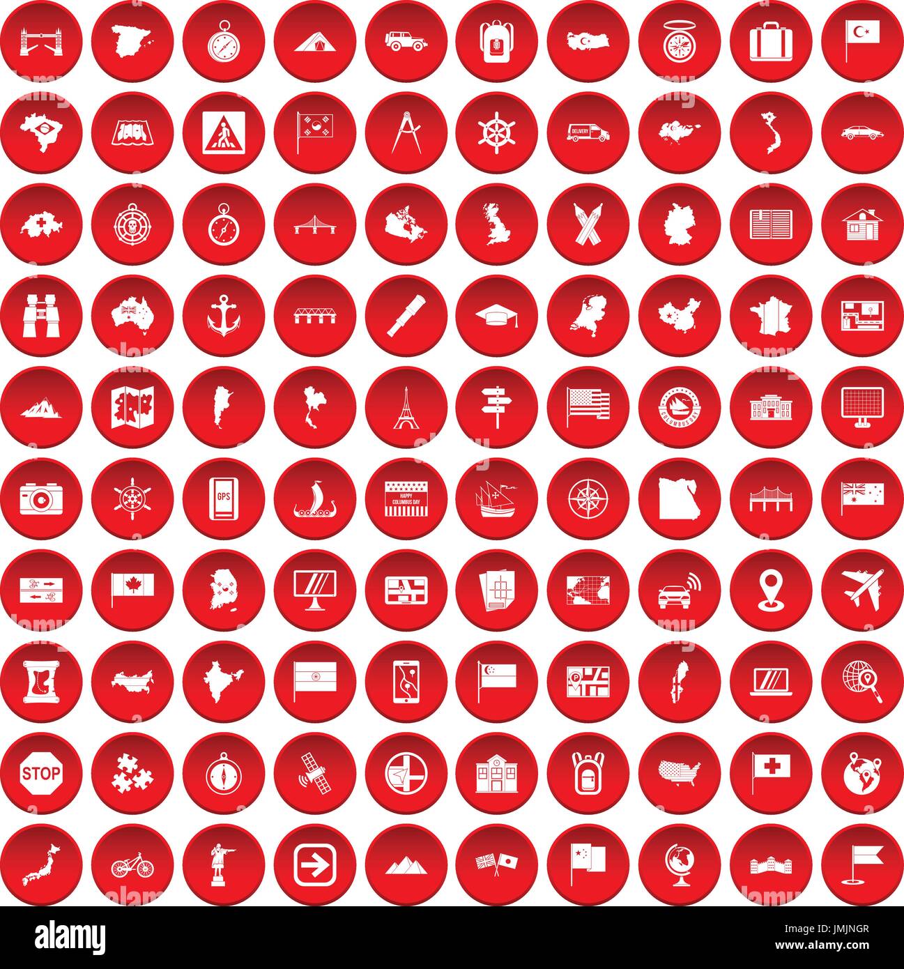100 cartography icons set red Stock Vector