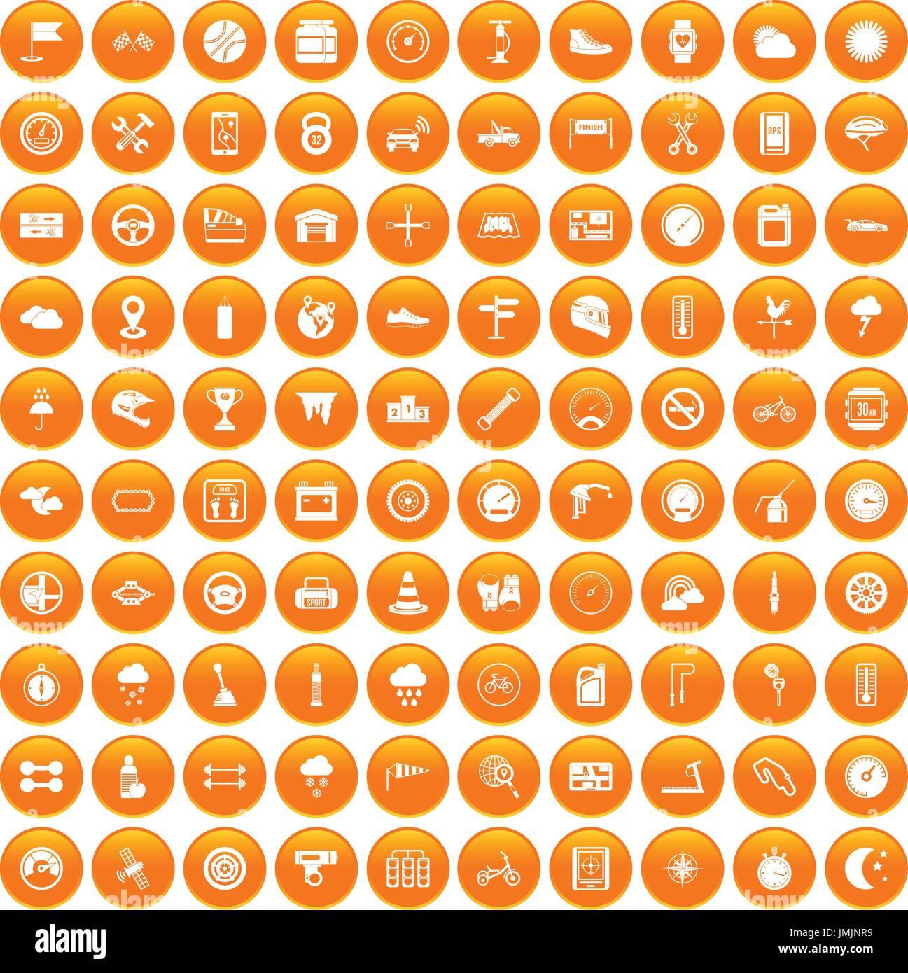 100 motorsport icons set orange Stock Vector