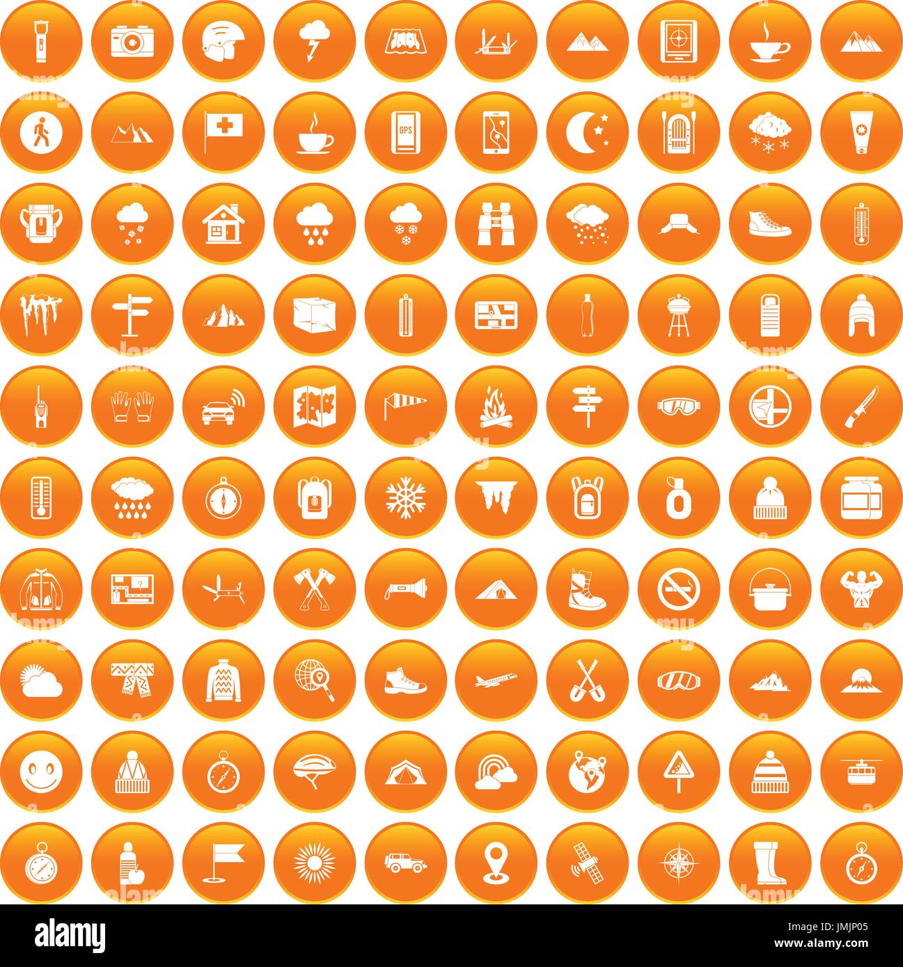 100 mountaineering icons set orange Stock Vector