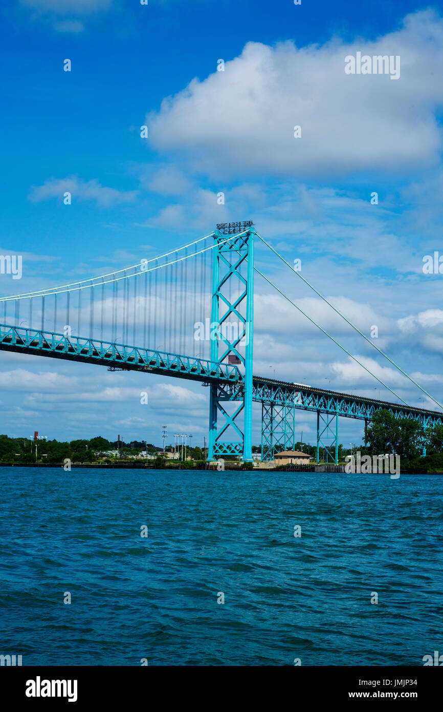 The Ambassador Bridge spans the Detroit River between Windsor Ontario