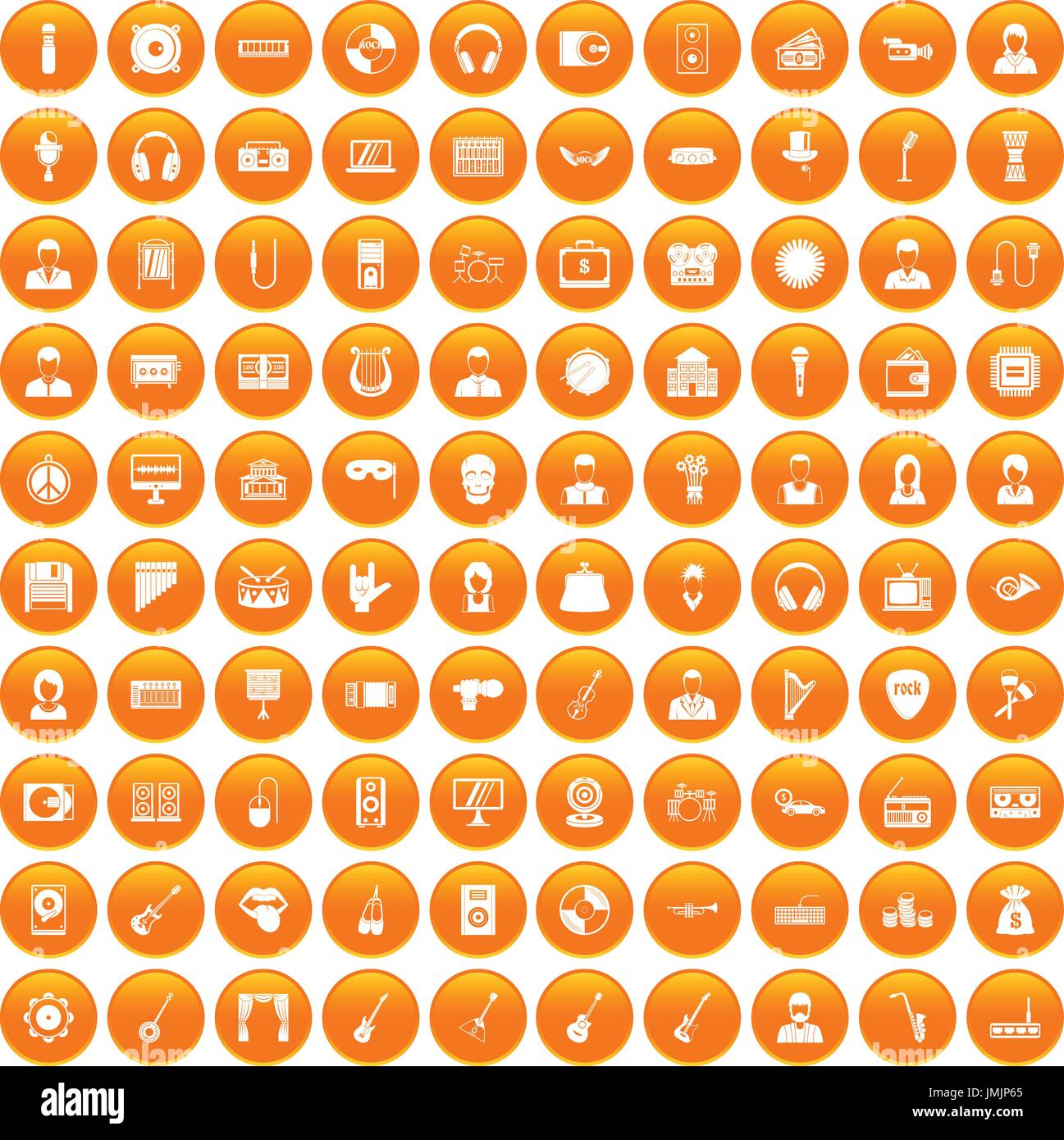 100 music icons set orange Stock Vector