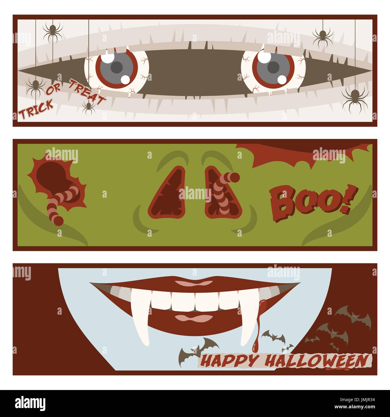 Halloween banner set in comic strip style with eyes of mummy, nose of zombie, mouth of vampire, spiders, worm and flying bats Stock Vector