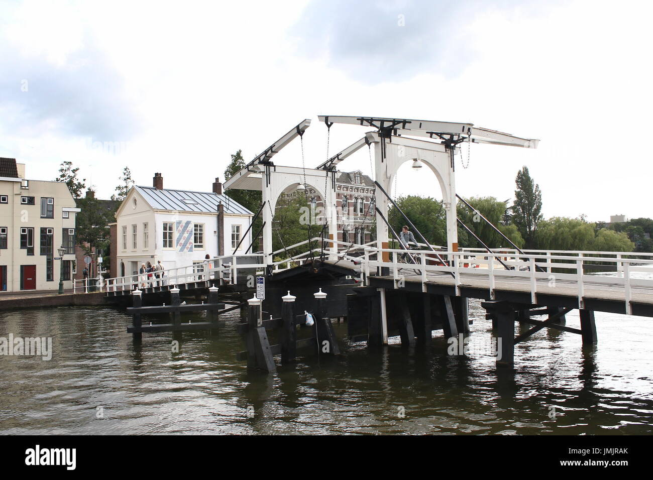 Wooden Rembrandt bascule bridge, a replica 18th century draw bridge spanning  Kort Galgewater canal in Leiden, Netherlands. Stock Photo
