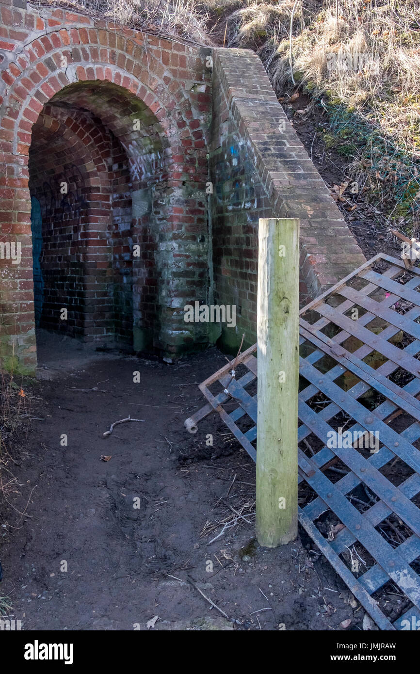 A metal door lays on the ground in front of an arched brick tunnel