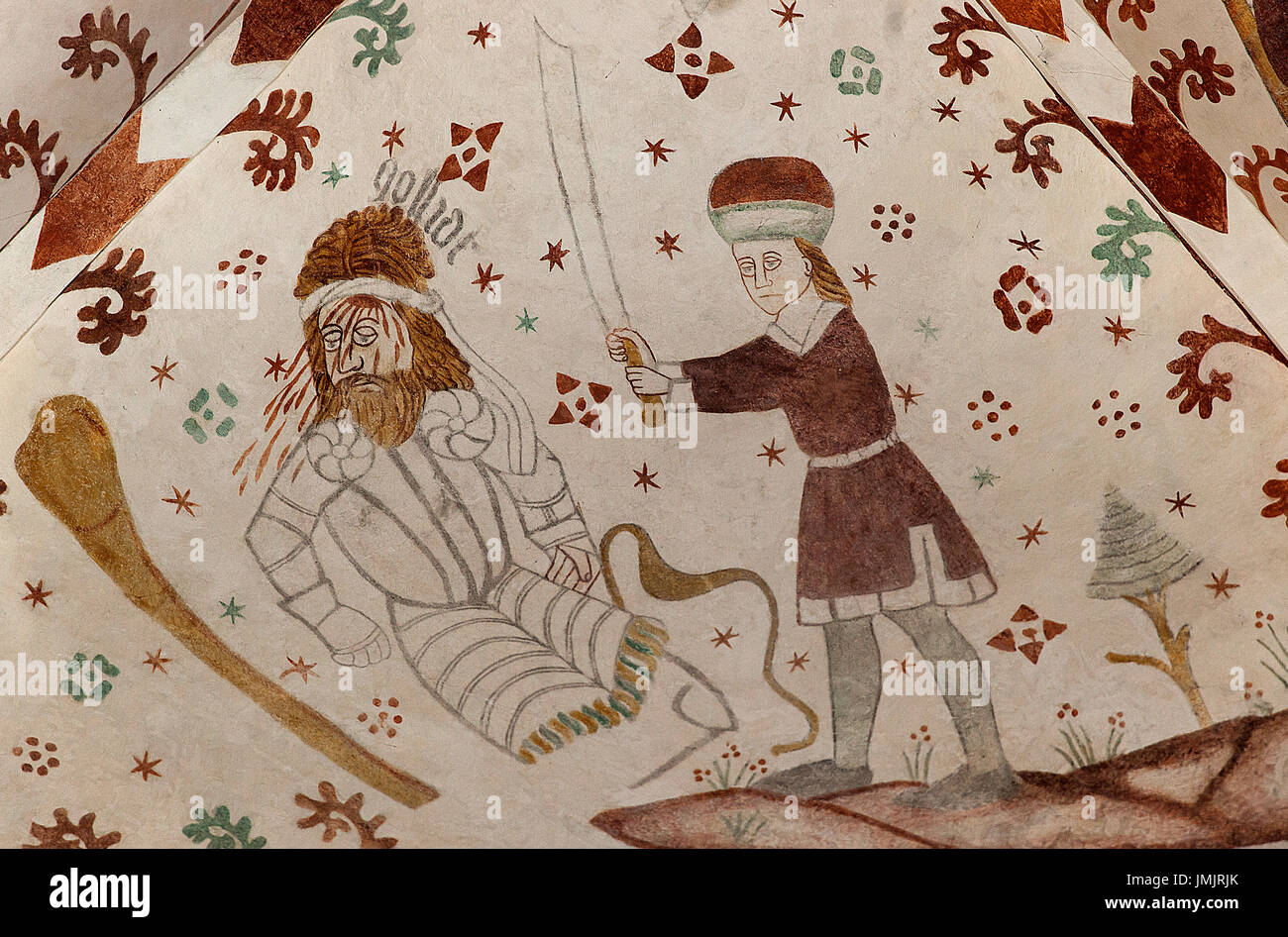 Danish medieval fresco from the 16th century in the 14th century late Gothic style Fanefjord Church on the island of Moen depicting  ‘David Slaying Go Stock Photo