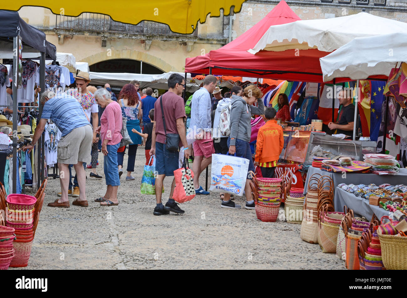 Market day in the French town of Monpazier in the Dordogne region Stock Photo