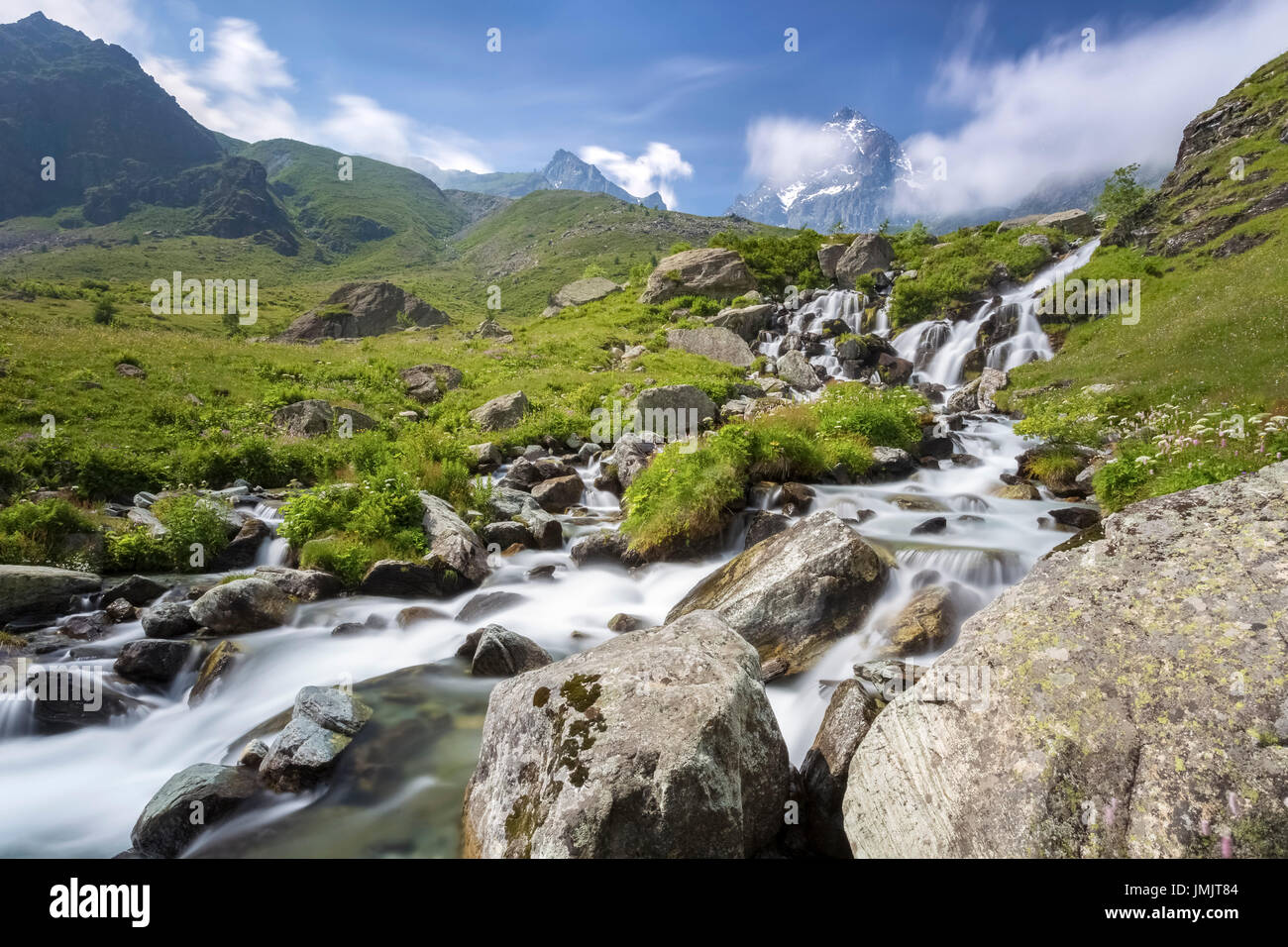 The first waterfalls of the great river Po' under the Monviso, Crissolo, Po' Valley, Cuneo District, Piedmont, Italy. Stock Photo