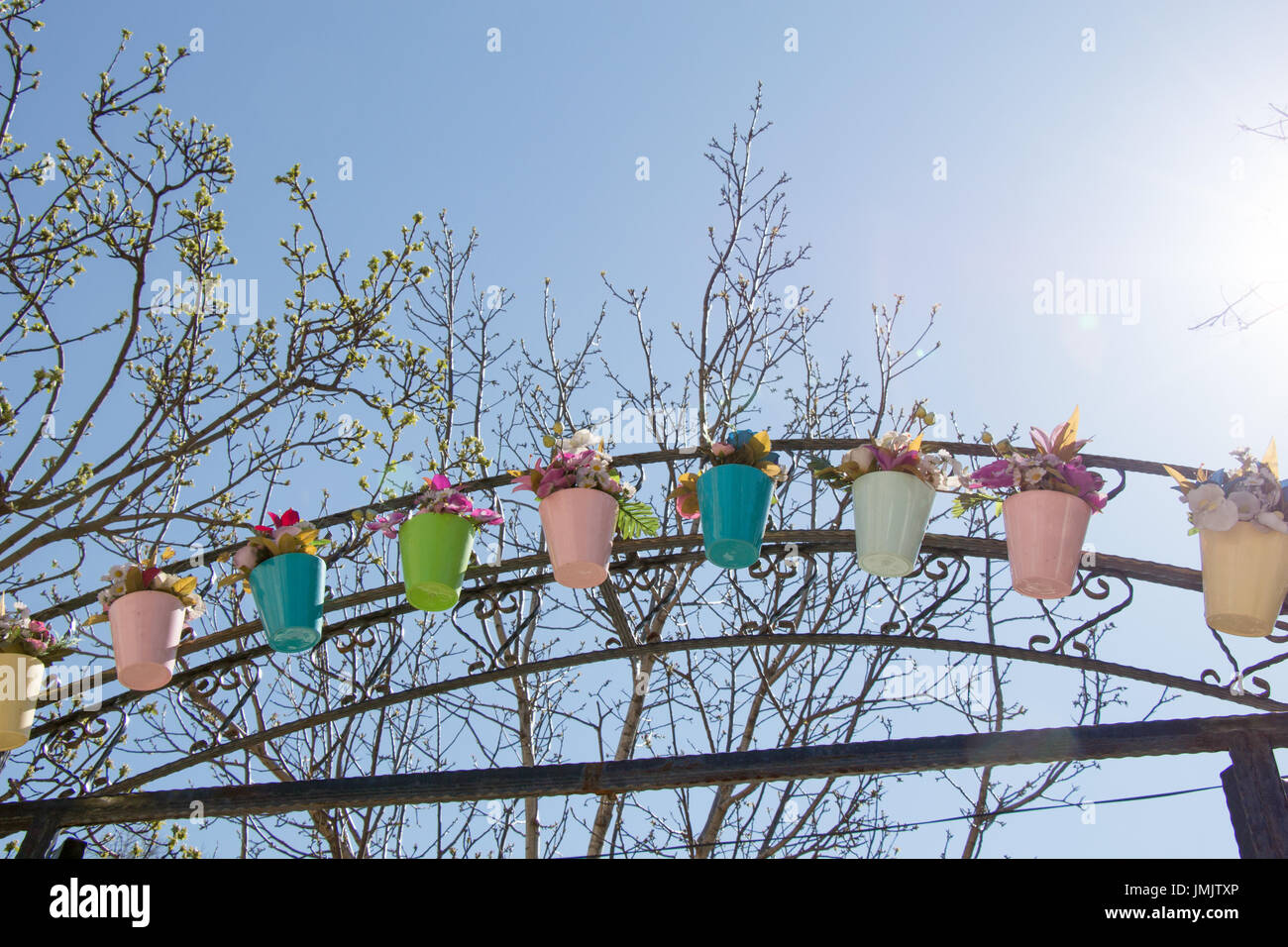 Fake flowers in flower pots for decoration Stock Photo Alamy