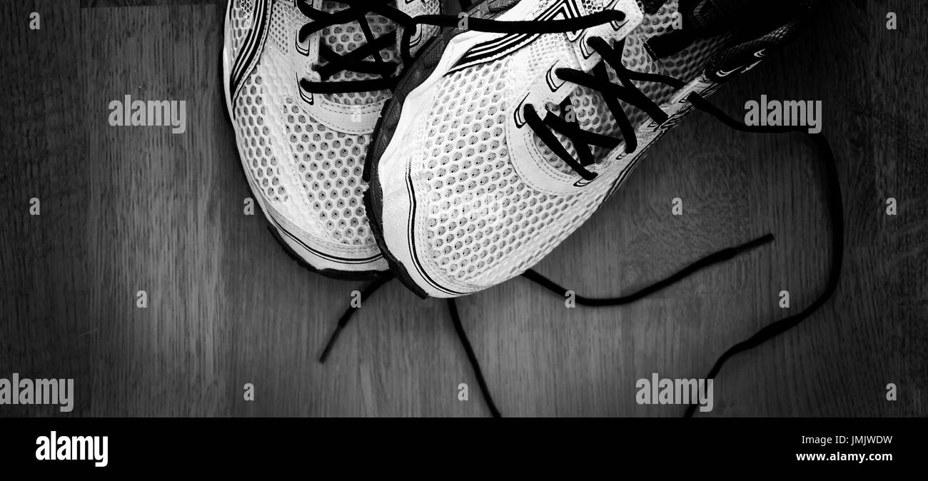 Detail photo of a pair of shoes. Black and white photo. Stock Photo