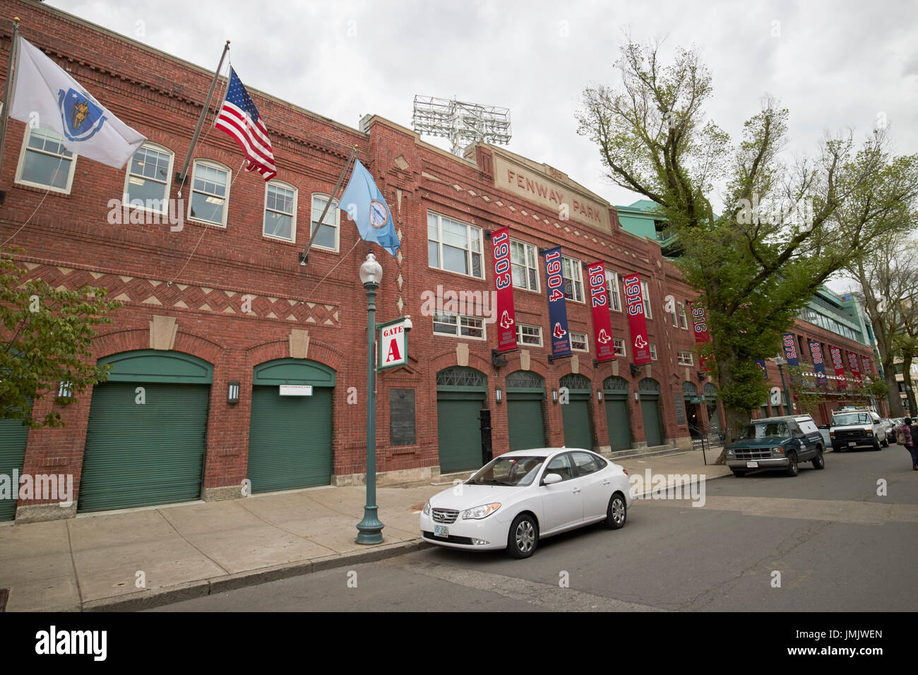 Fenway Park exterior with Red Sox championship banners on Jersey Street,  Boston MA Stock Photo - Alamy