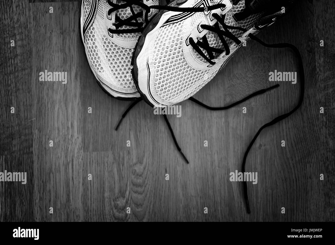 Detail photo of a pair of shoes. Black and white photo. Stock Photo