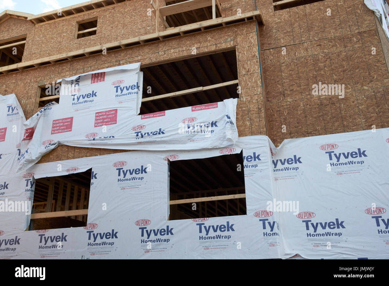 tyvek homewrap on new build apartment buildings under construction Boston USA Stock Photo
