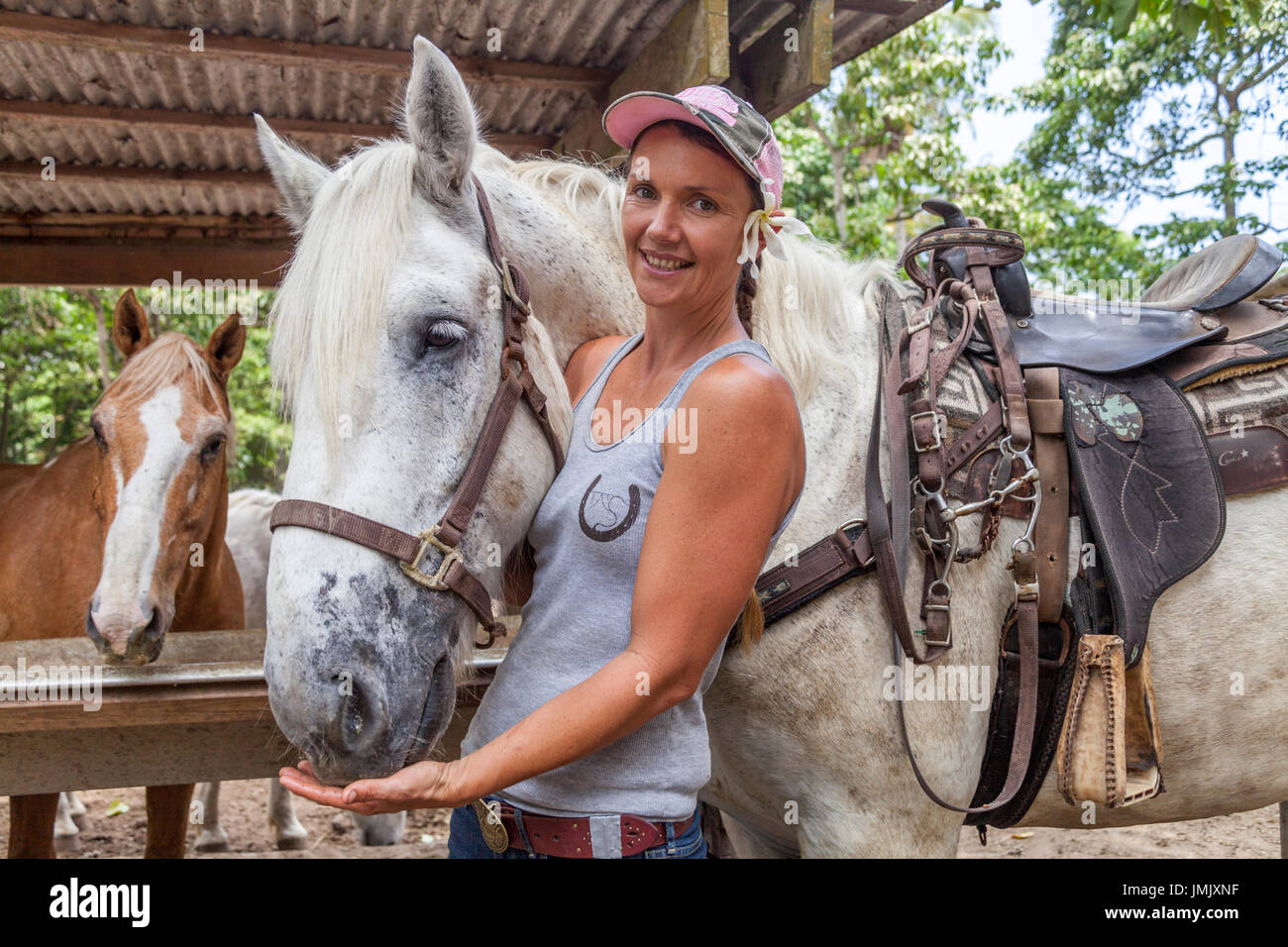 Woman and horses at Na'alapa Stables in Waipio Valley on the Big Island of Hawaii Stock Photo