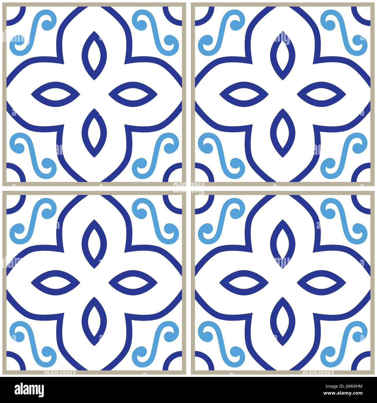 Tiles Pattern, Spanish Or Portuguese Tile Blue Background, Geometric Designs Stock Vector