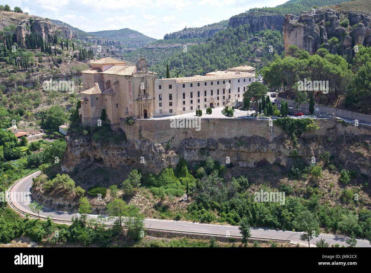 Image of 'Parador de Cuenca' in Castilla La Mancha, Spain. View from Santa Maria cathedral, a monastery from XVI century, next to 'Hanging Houses' Stock Photo