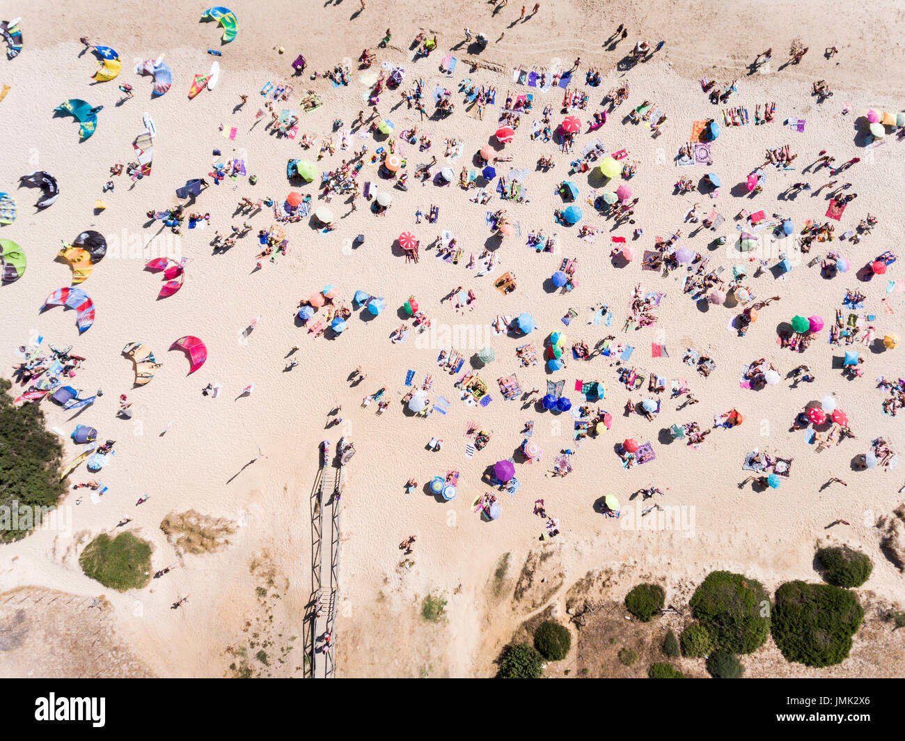 Drone view of people at the beach. Valdevaqueros, Tarifa, Cadiz, Costa de la Luz, Andalusia, Spain. Stock Photo