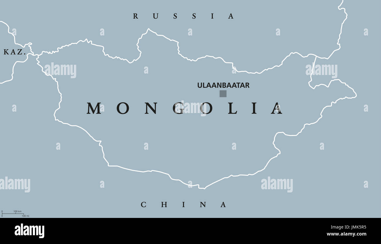 Mongolia political map with capital Ulaanbaatar. Landlocked unitary sovereign state in East Asia between Russia and China. Former Outer Mongolia. Stock Photo