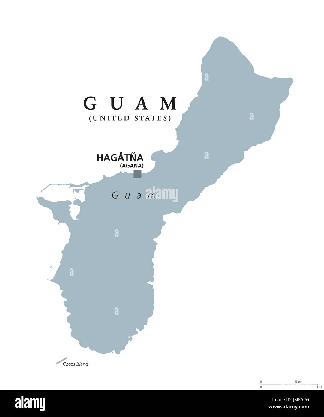 Guam political map with capital Hagatna, also known as Agana. Unincorporated and oganized territory of United States in western Pacific Ocean. Stock Photo