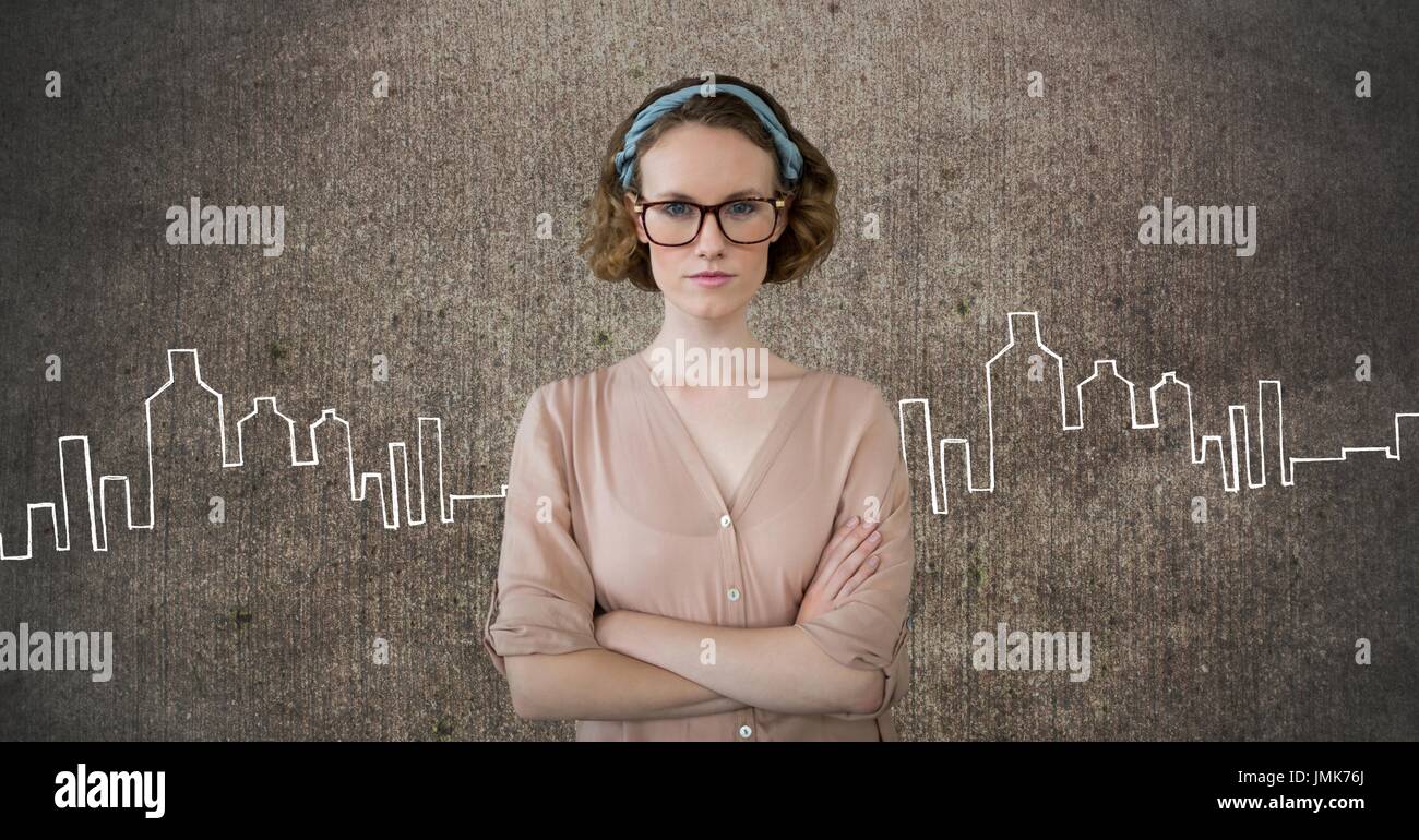 Digital composite of Business woman standing against grey wall background with city icons Stock Photo