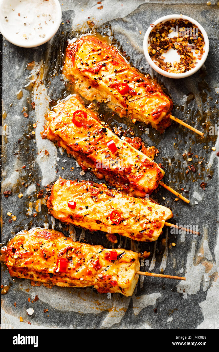 Halloumi skewers with chilli Stock Photo