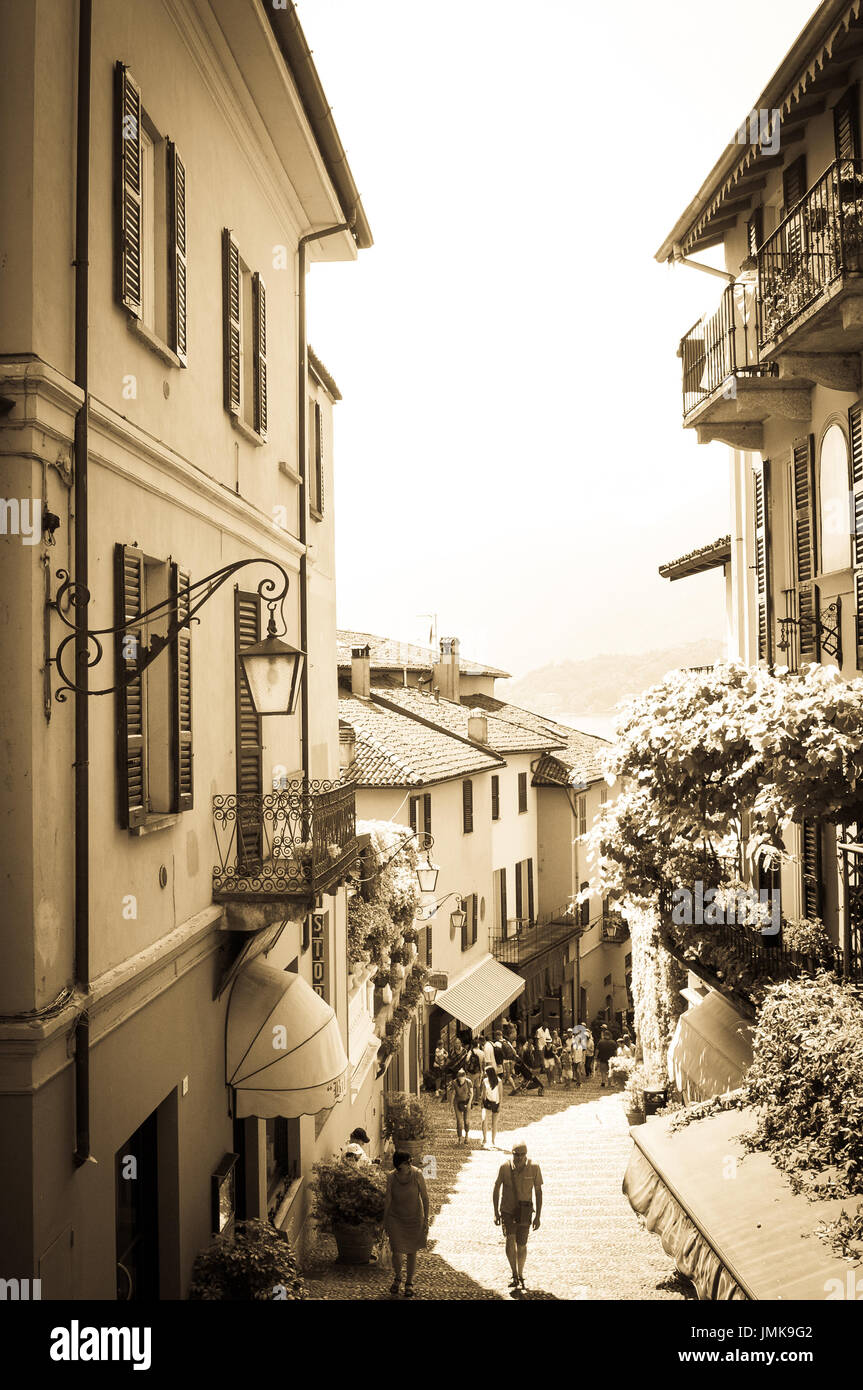 Street view of Bellagio, Italy in sepia monochrome Stock Photo