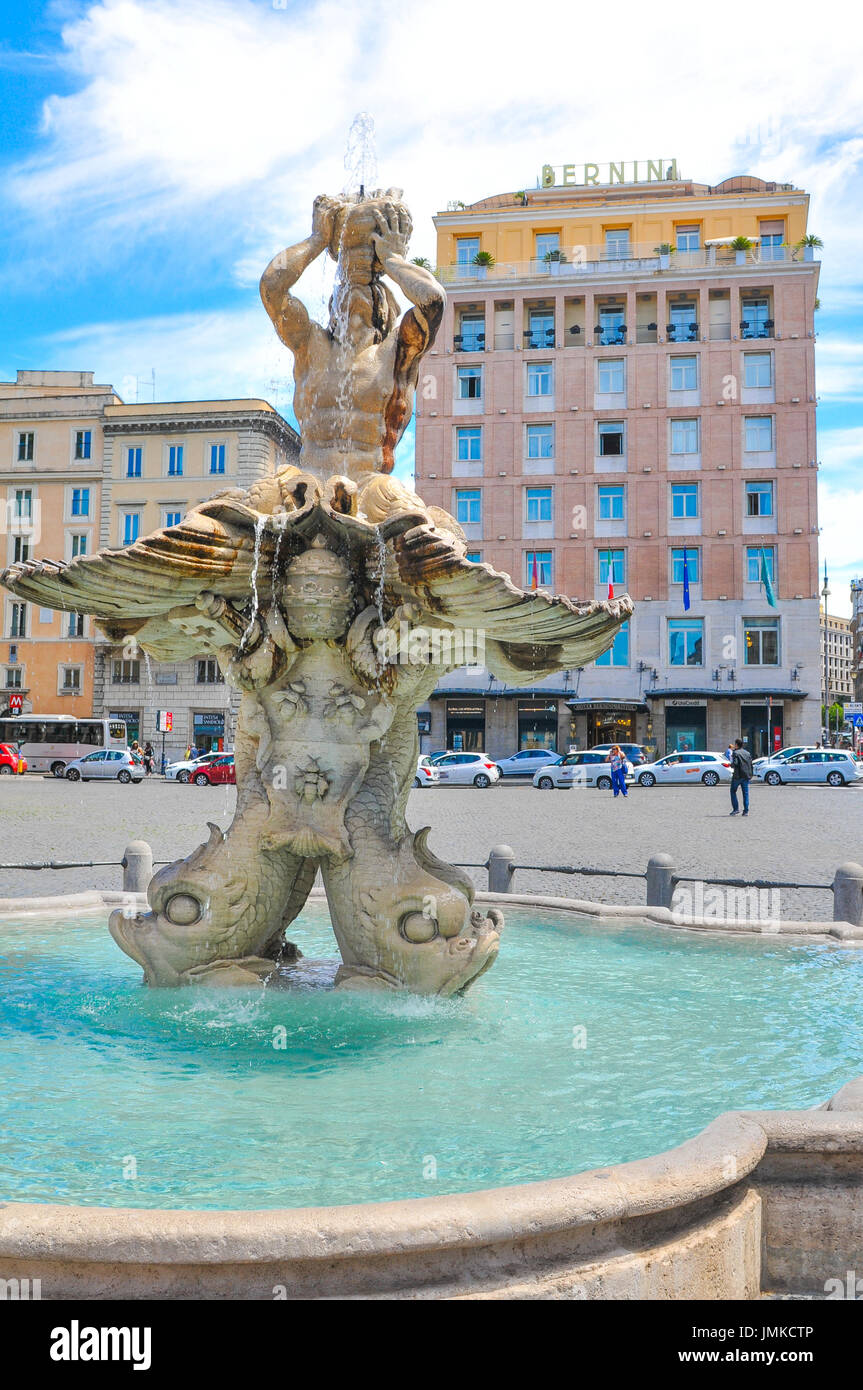 Rome, Italy - June 20, 2016: Architectural detail of the Triton Fountain in Piazza Barberini, major tourist landmark in Rome, Italy. Stock Photo