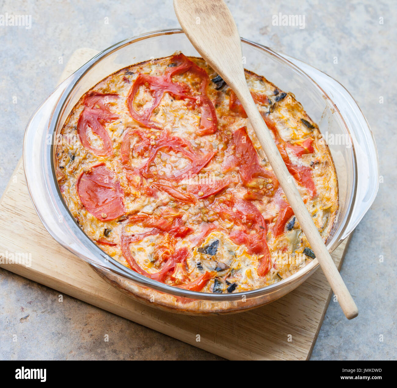 Homemade vegetable casserole au gratin with home grown tomatoes