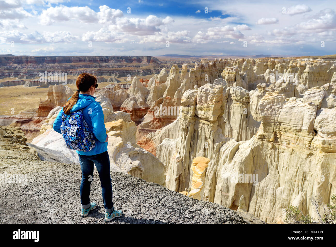 Hiker admiring views of stunning colorful sandstone formations of Coal Mine Canyon, Arizona, USA Stock Photo