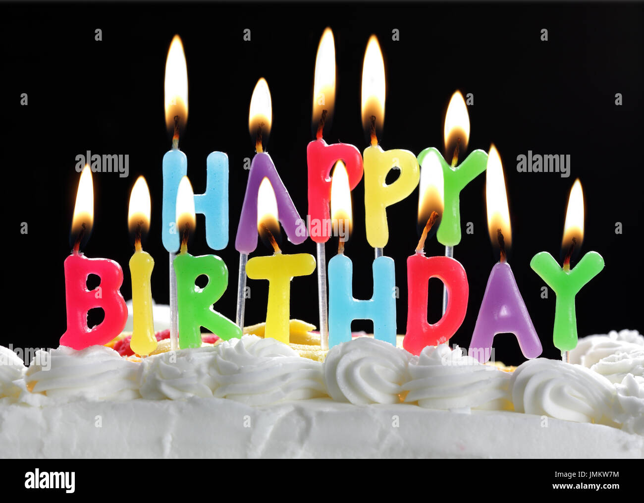 Colorful happy birthday candles burning on a cake Stock Photo Alamy