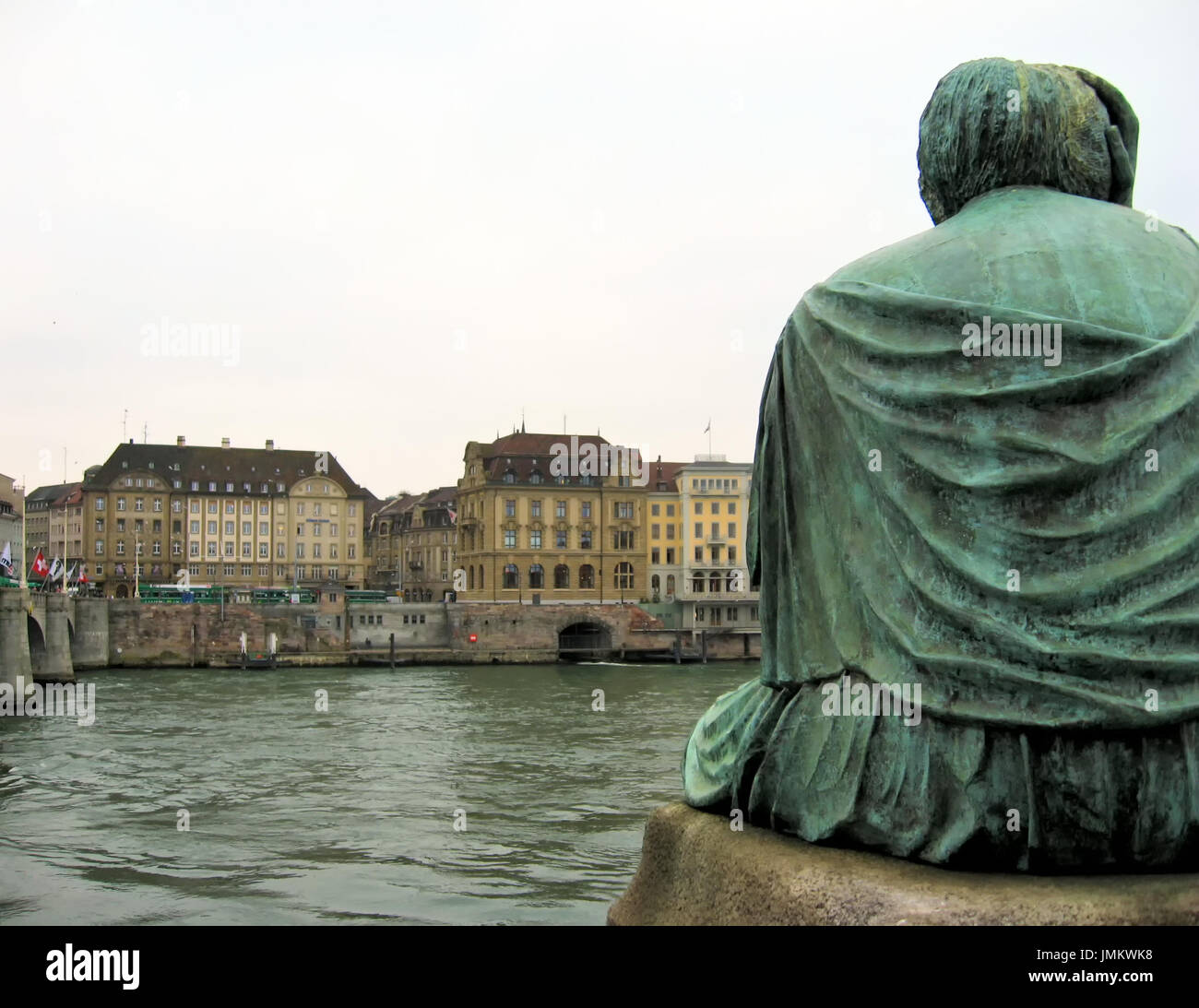 The Helvetia statue in Basel looks across the Rhine River. Stock Photo