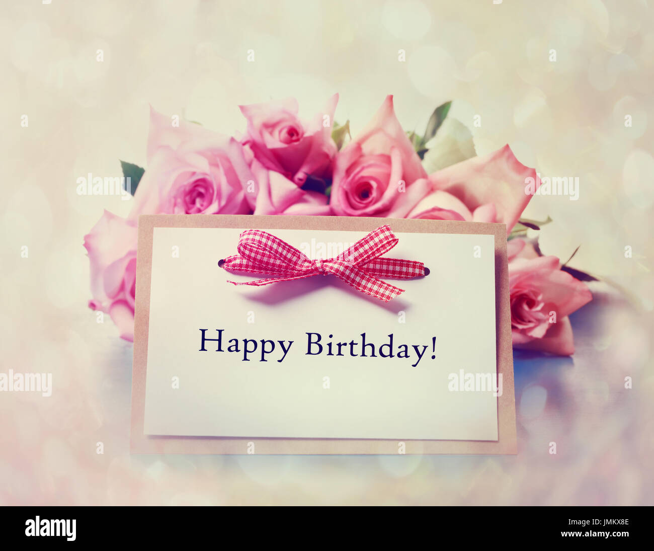 Happy Birthday Message Card With Retro Pink Roses Stock Photo Alamy