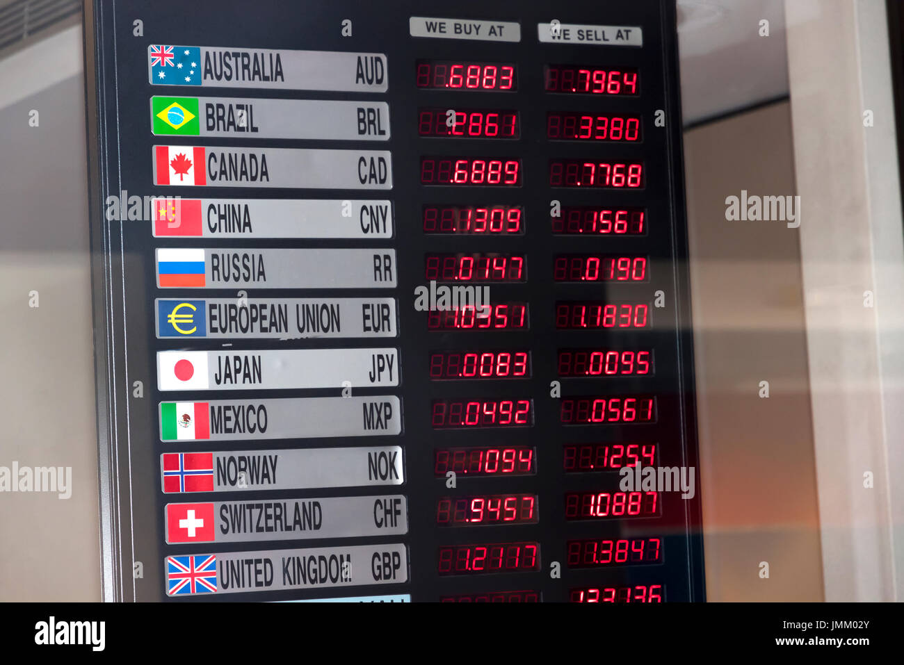 Currency Exchange Rate Board in New York City, New York, USA. Stock Photo