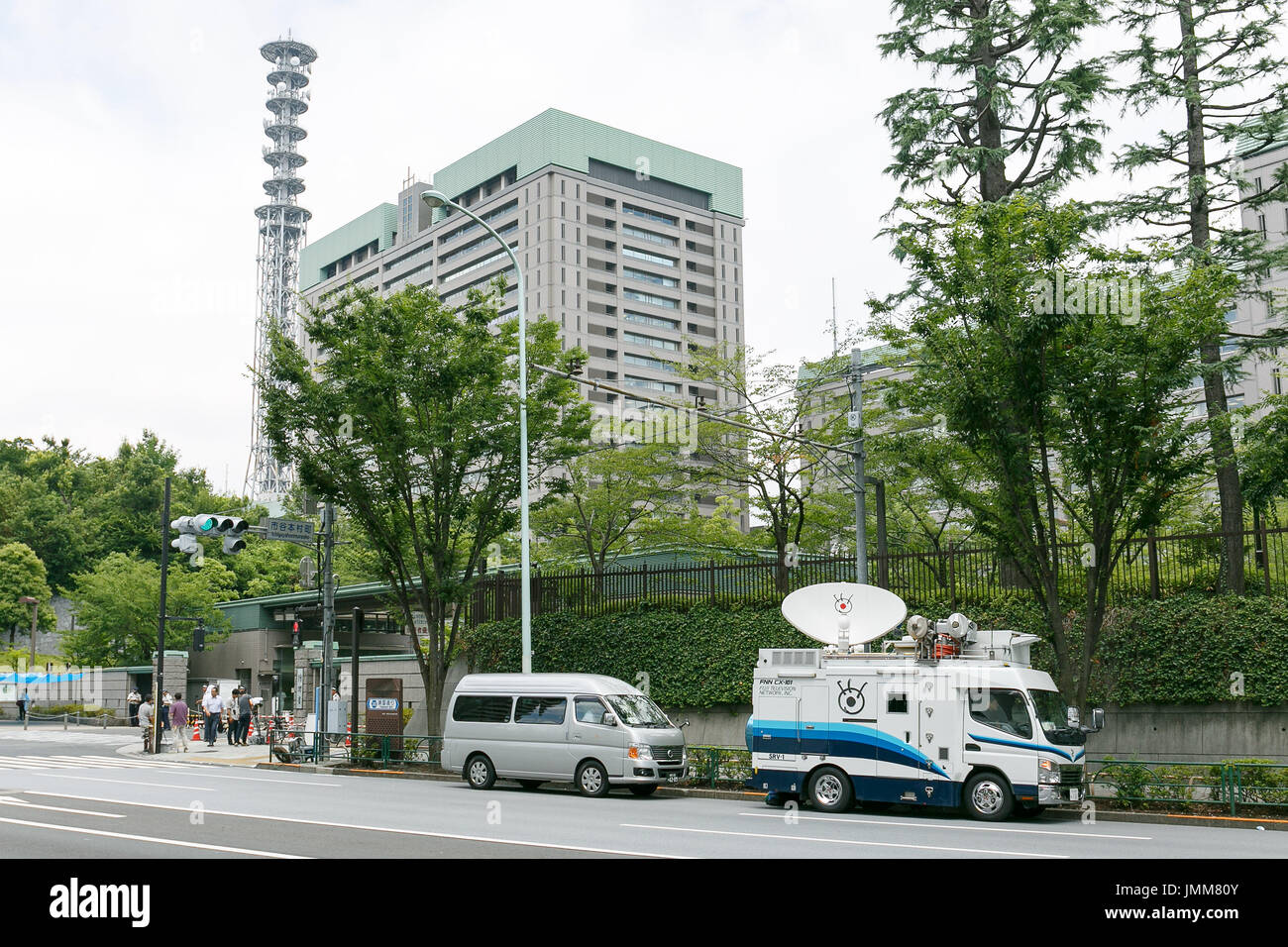 A live news TV satellite truck is seen outside the Ministry of Defense during a news conference held by Defense Minister Tomomi Inada on July 28, 2017, Tokyo, Japan. Inada attended the conference on Friday where she was expected to announce her resignation following allegations of a cover-up involving conditions faced by Japanese troops serving as U.N. peacekeepers in South Sudan. Credit: Rodrigo Reyes Marin/AFLO/Alamy Live News Stock Photo