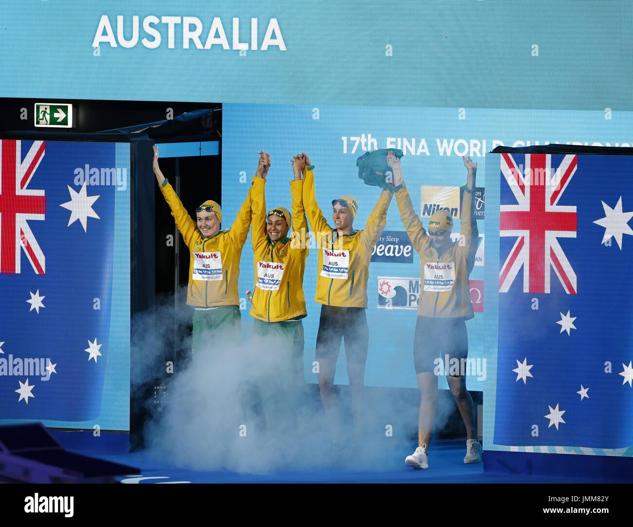 Budapest. 27th July, 2017. Team Australia show up before the women's 4x200m freestyle swimming relay final at the 17th FINA Aquatics World Championships held in Budapest, Hungary on July 27, 2017. Credit: Ding Xu/Xinhua/Alamy Live News Stock Photo