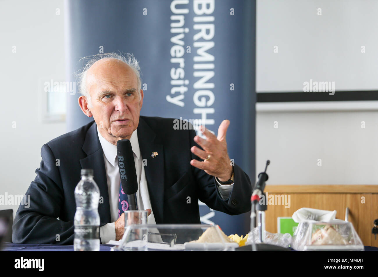 Birmingham, UK. 28th July, 2017. Recently-elected leader of the Liberal Democrat party for the UK, Sir Vince Cable, addresses a discussion group made up of university staff and students as well as business owners at Birmingham City University's Centre for Brexit Studies. Credit: Peter Lopeman/Alamy Live News Stock Photo