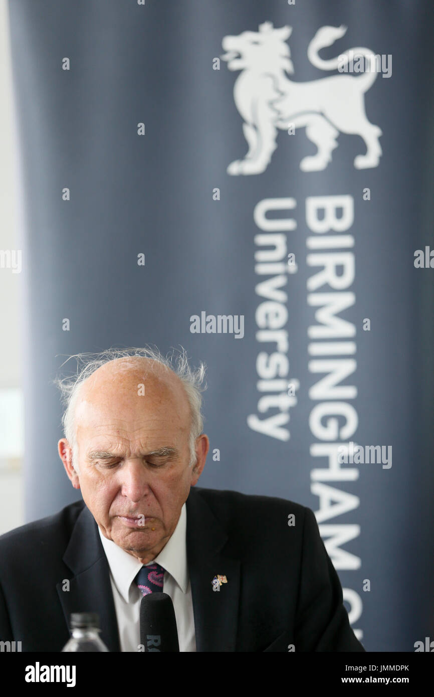 Birmingham, UK. 28th July, 2017. Recently-elected leader of the Liberal Democrat party for the UK, Sir Vince Cable, addresses a discussion group made up of university staff and students as well as business owners at Birmingham City University's Centre for Brexit Studies. Credit: Peter Lopeman/Alamy Live News Stock Photo