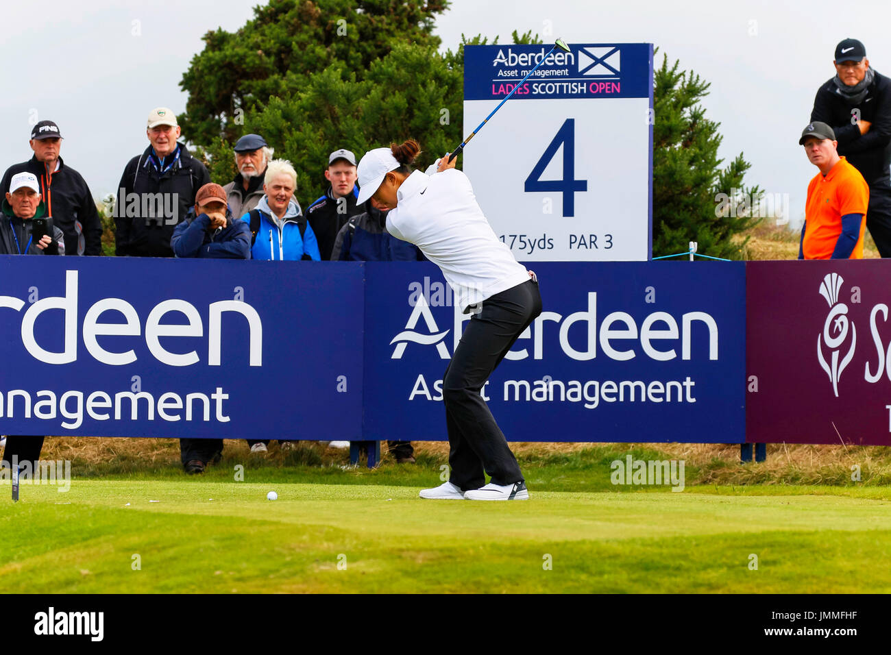 Irvine, Scotland, UK. 28th July, 2017. On the second day of the Ladies Scottish Open Championship at Dundonald Links, Irvine, Ayrshire, Scotland the weather remained testing with strong winds gusting upto 25 mph. As the players battled to keep control on their golf ball some good scores were posted and leaders starting to emerge with totals of 4, 5 and 6 under for the first two rounds. Credit: Findlay/Alamy Live News Stock Photo