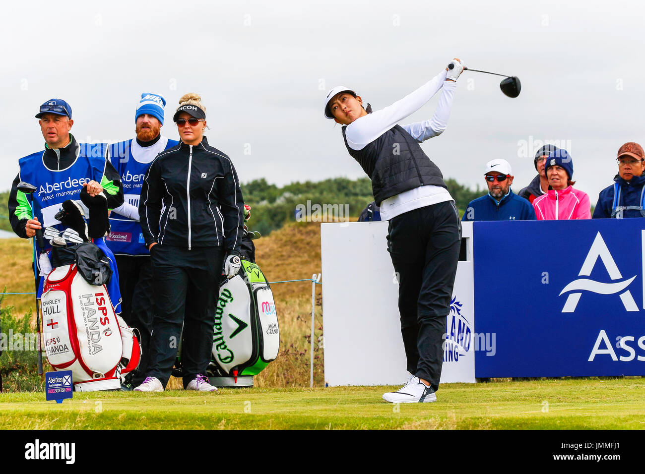 Irvine, Scotland, UK. 28th July, 2017. On the second day of the Ladies Scottish Open Championship at Dundonald Links, Irvine, Ayrshire, Scotland the weather remained testing with strong winds gusting upto 25 mph. As the players battled to keep control on their golf ball some good scores were posted and leaders starting to emerge with totals of 4, 5 and 6 under for the first two rounds. Credit: Findlay/Alamy Live News Stock Photo
