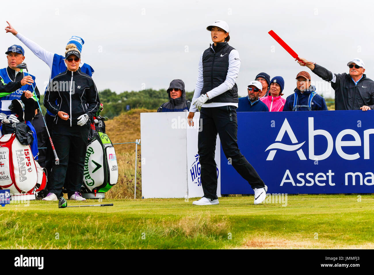 Irvine, Scotland, UK. 28th July, 2017. On the second day of the Ladies Scottish Open Championship at Dundonald Links, Irvine, Ayrshire, Scotland the weather remained testing with strong winds gusting upto 25 mph. As the players battled to keep control on their golf ball some good scores were posted and leaders starting to emerge with totals of 4, 5 and 6 under for the first two rounds. Credit: Findlay/Alamy Live News Stock Photo