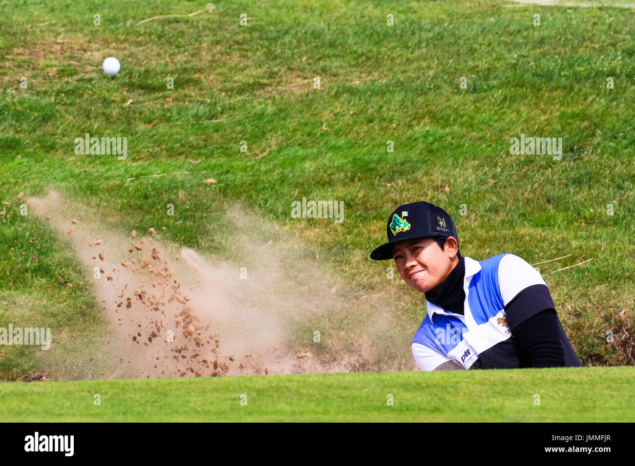 Irvine, Scotland, UK. 28th July, 2017. On the second day of the Scottish Open, players were hoping to play well and make the cut. After the calm weather on the first day some players were finding the conditions of strong winds and links style golf difficult while others played better than on the first round. Credit: Findlay/Alamy Live News Stock Photo