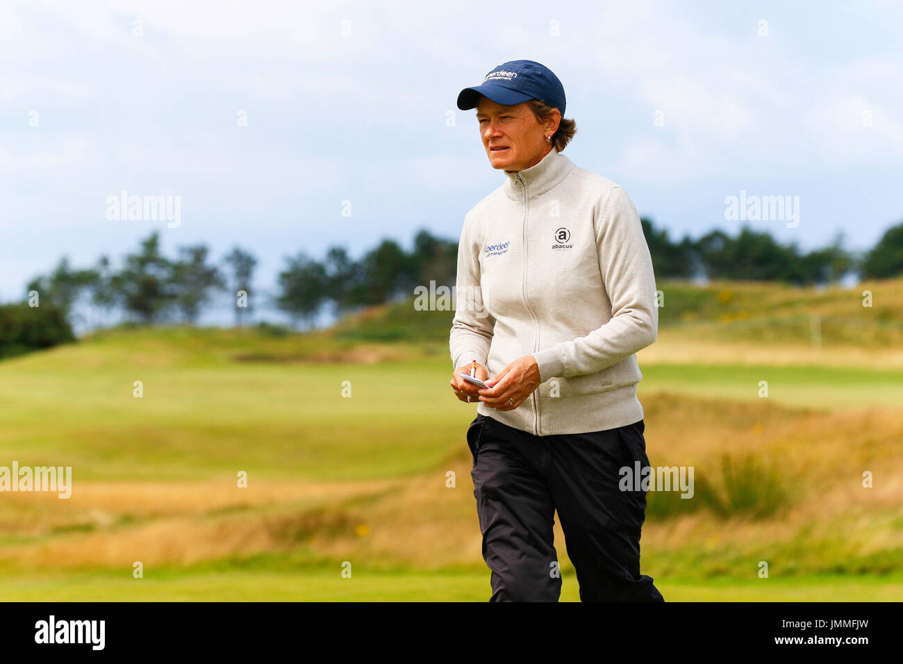 Irvine, Scotland, UK. 28th July, 2017. On the second day of the Scottish Open, players were hoping to play well and make the cut. After the calm weather on the first day some players were finding the conditions of strong winds and links style golf difficult while others played better than on the first round. Credit: Findlay/Alamy Live News Stock Photo