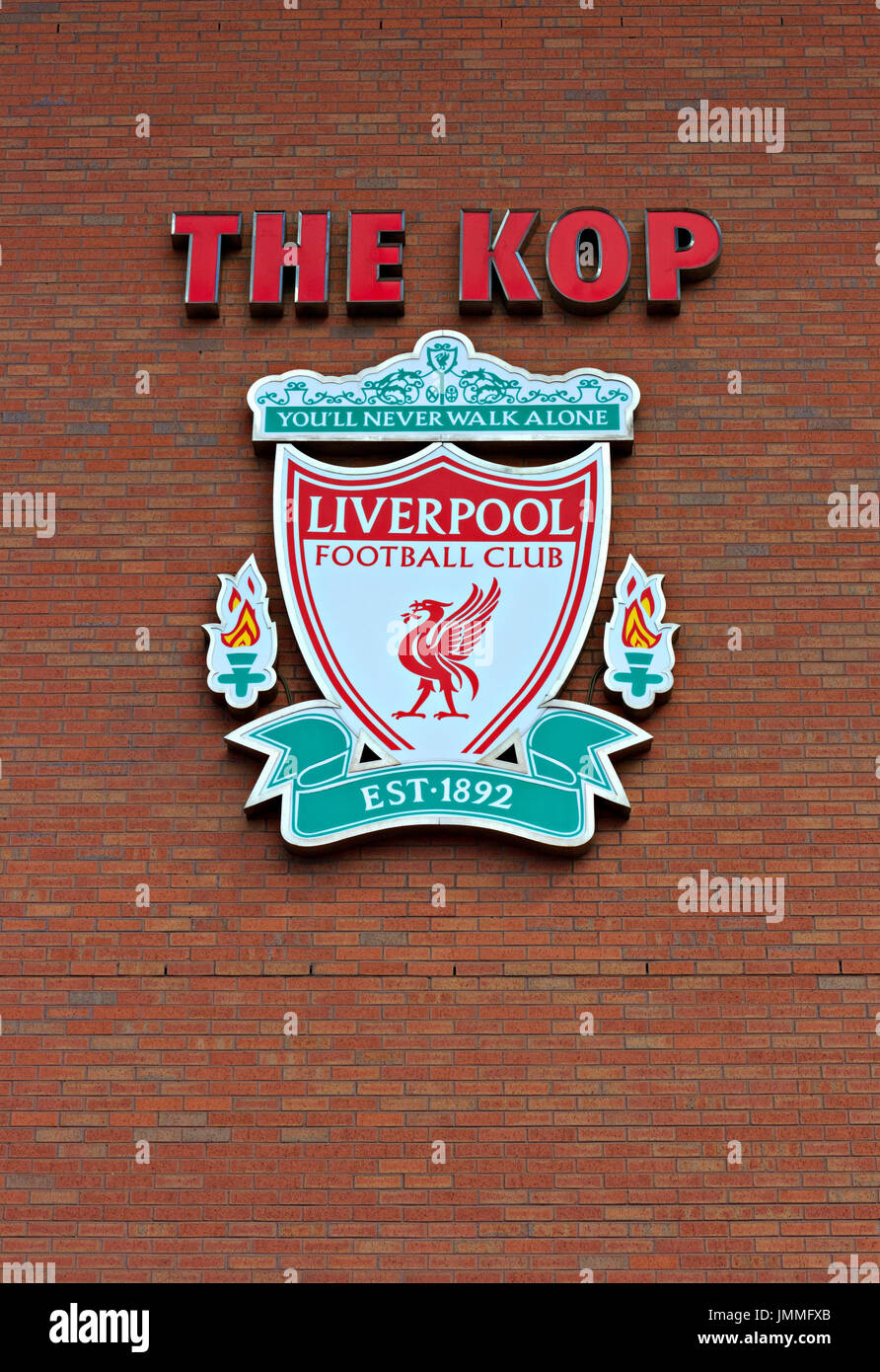 Liverpool, UK, April 21st 2012. Liverpool football club crest, on the Kop entrance to the stadium. Stock Photo