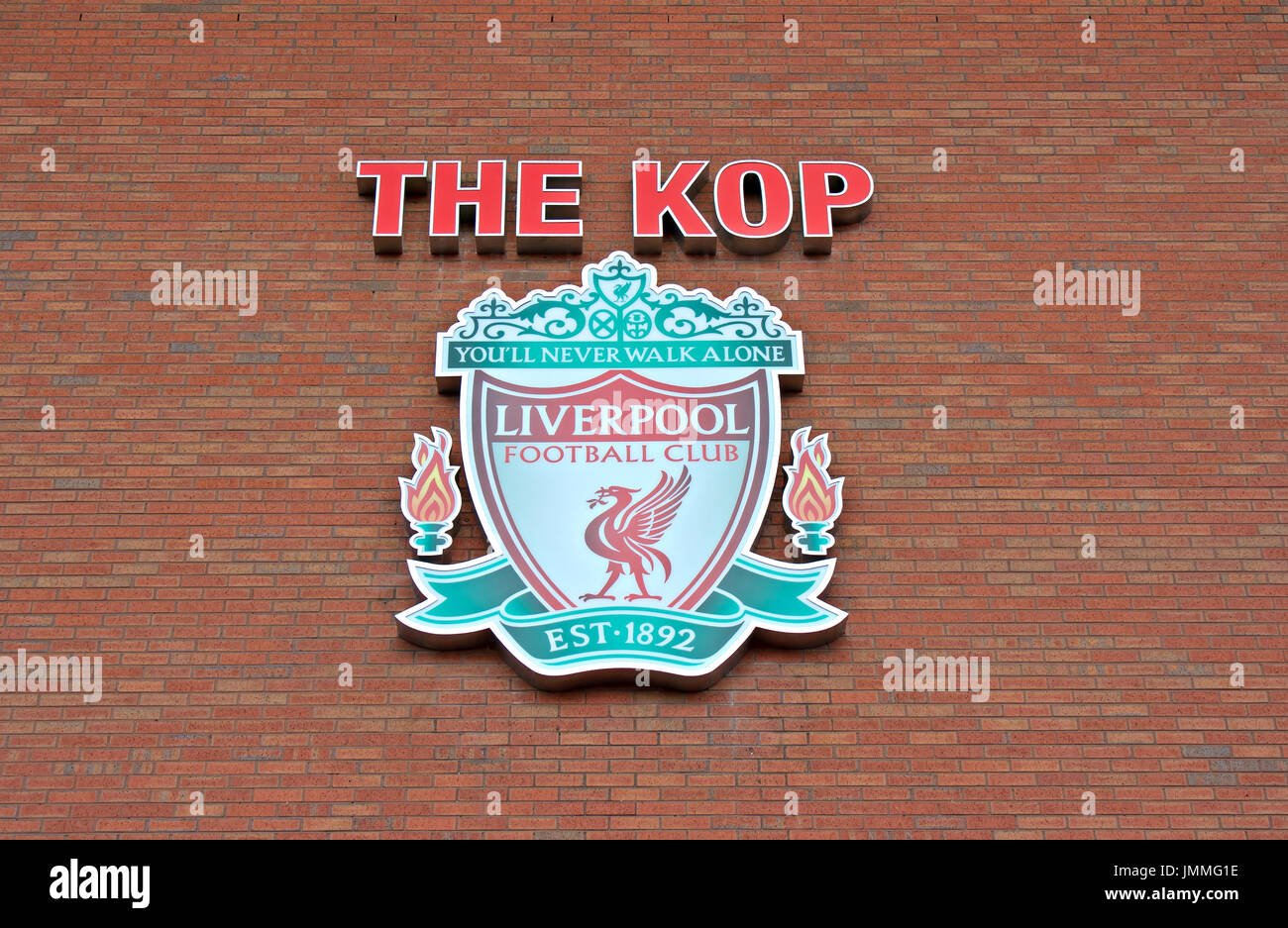 Liverpool, UK, April 17 2014 - Liverpool football club crest, on the Kop entrance to the stadium. Stock Photo