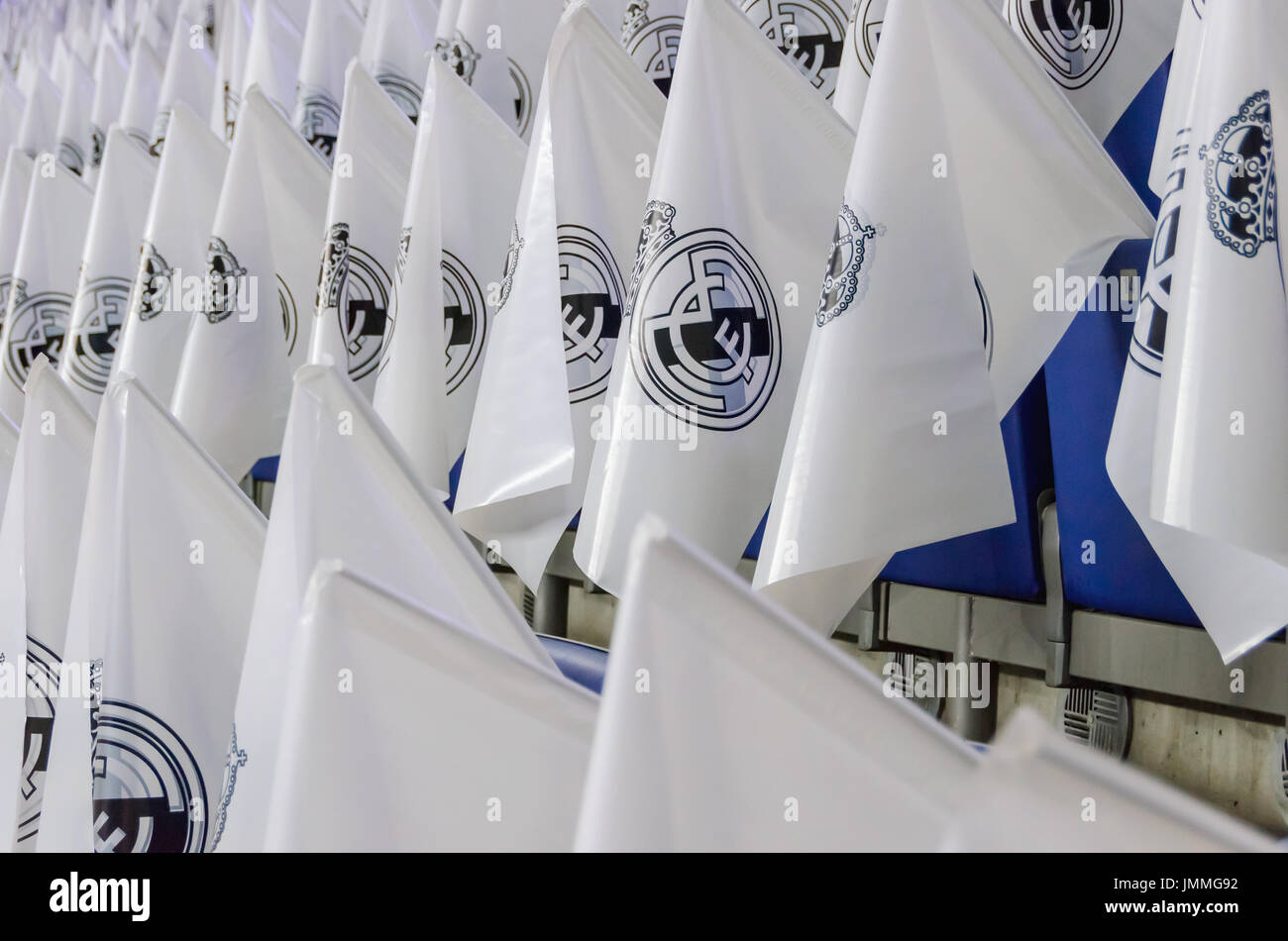 MADRID, SPAIN - JUNE 19: Real madrid flags before the match, on June 19, 2015. Real Madrid flags and symbols are used for encourage the players during a match Stock Photo